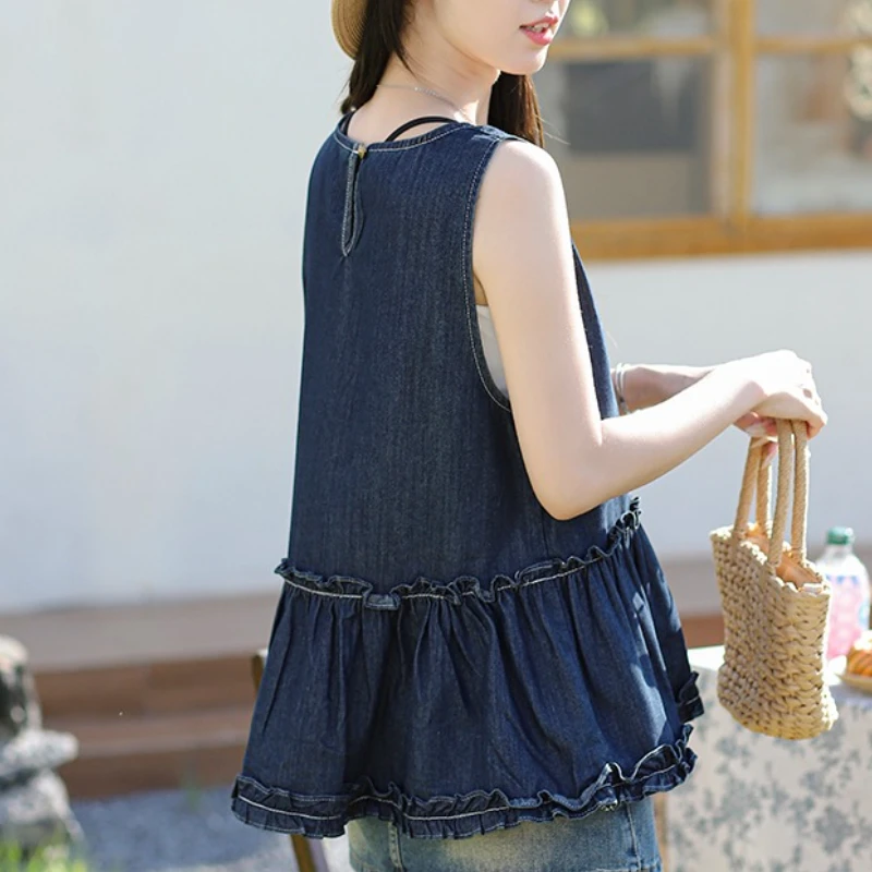 خمر الكشكشة أكمام المرأة سترة جينز القمم 2025 جديد الصلبة عادية فضفاض س الرقبة الجينز تي شيرت الإناث