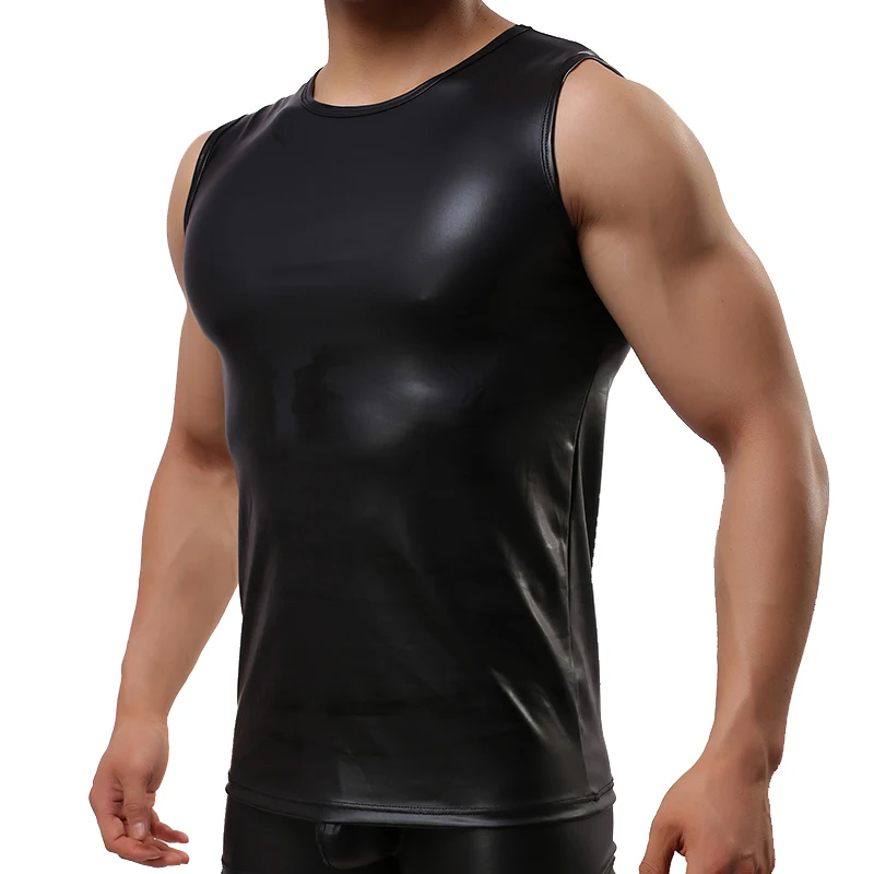 Mens Sexy PU Leather Tank Tops Sleeveless Shaping Sheath Stretch Shirts Soft Patent Leather T-shirts Sexy