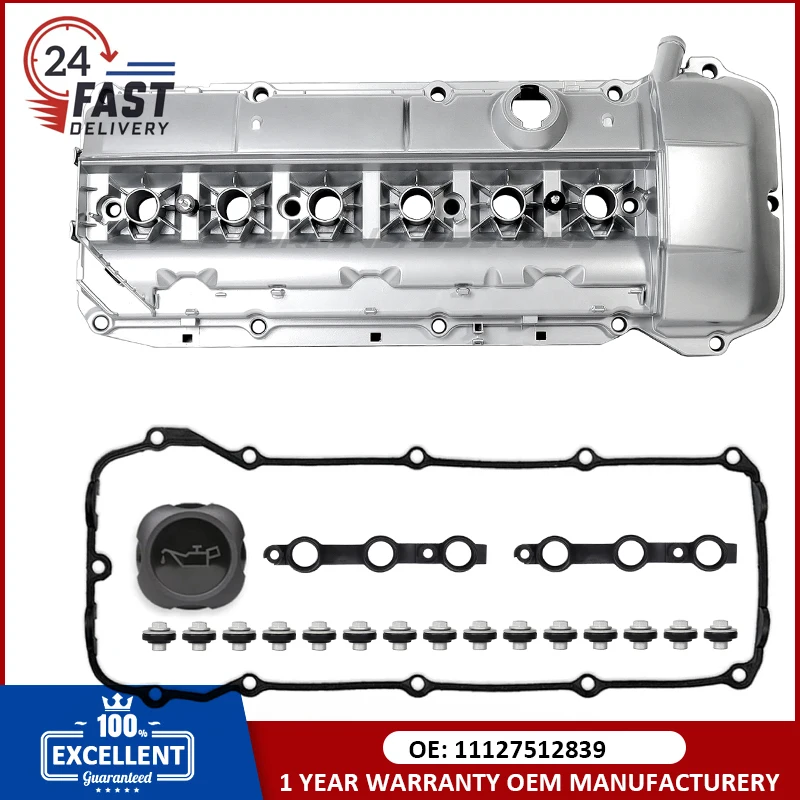 11127512839 11 12 7 512 839 Aluminum Engine Valve Cover W/Gasket &Bolts &Cap For 03-06 BMW M54 E46 325i 330i 525i 325ci X3 X5 Z4