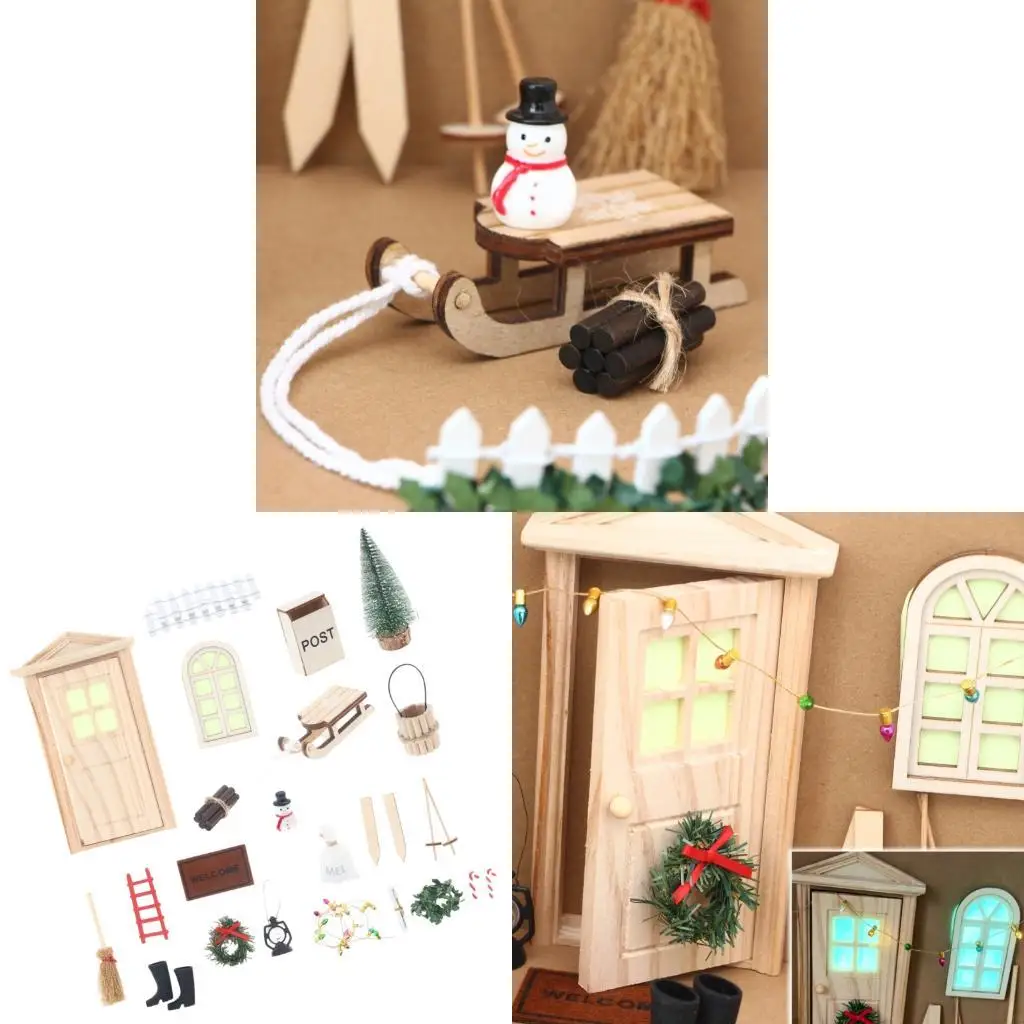 XXFE Miniature Christmas Doll House Door Set with Panel Accents for Craft Display