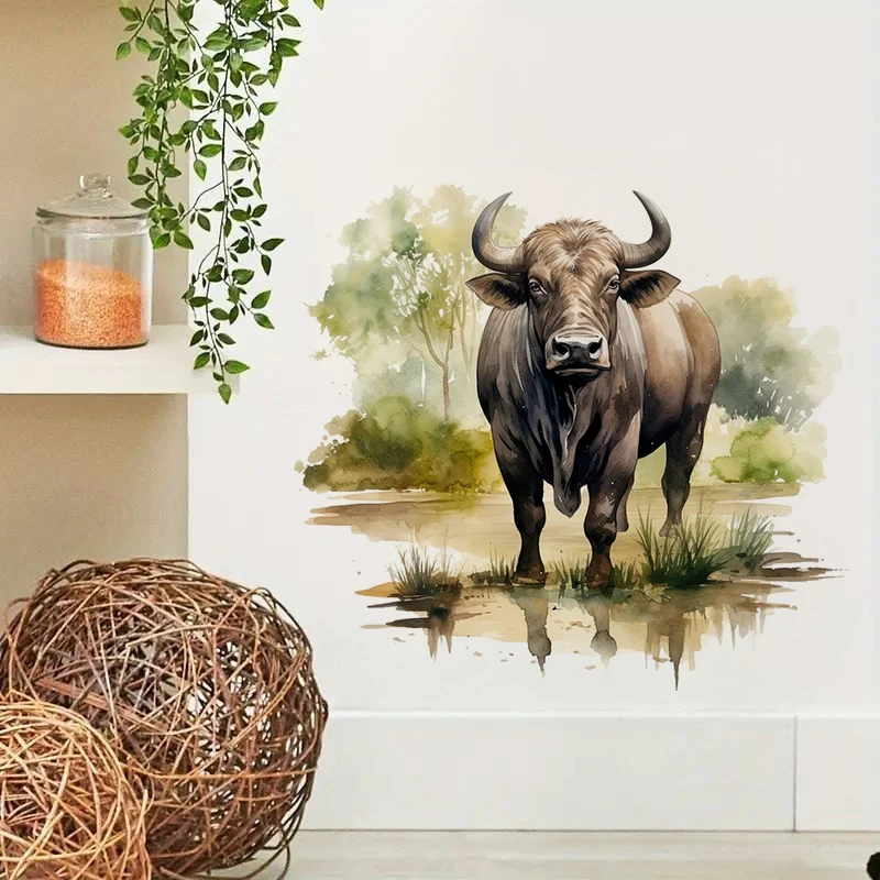 Water Buffalo Watercolor Sticker, Water-proof Home Wall Decal, Used for Wall, Bathroom, Cabinet, Door,Toilet, Car, Laptop