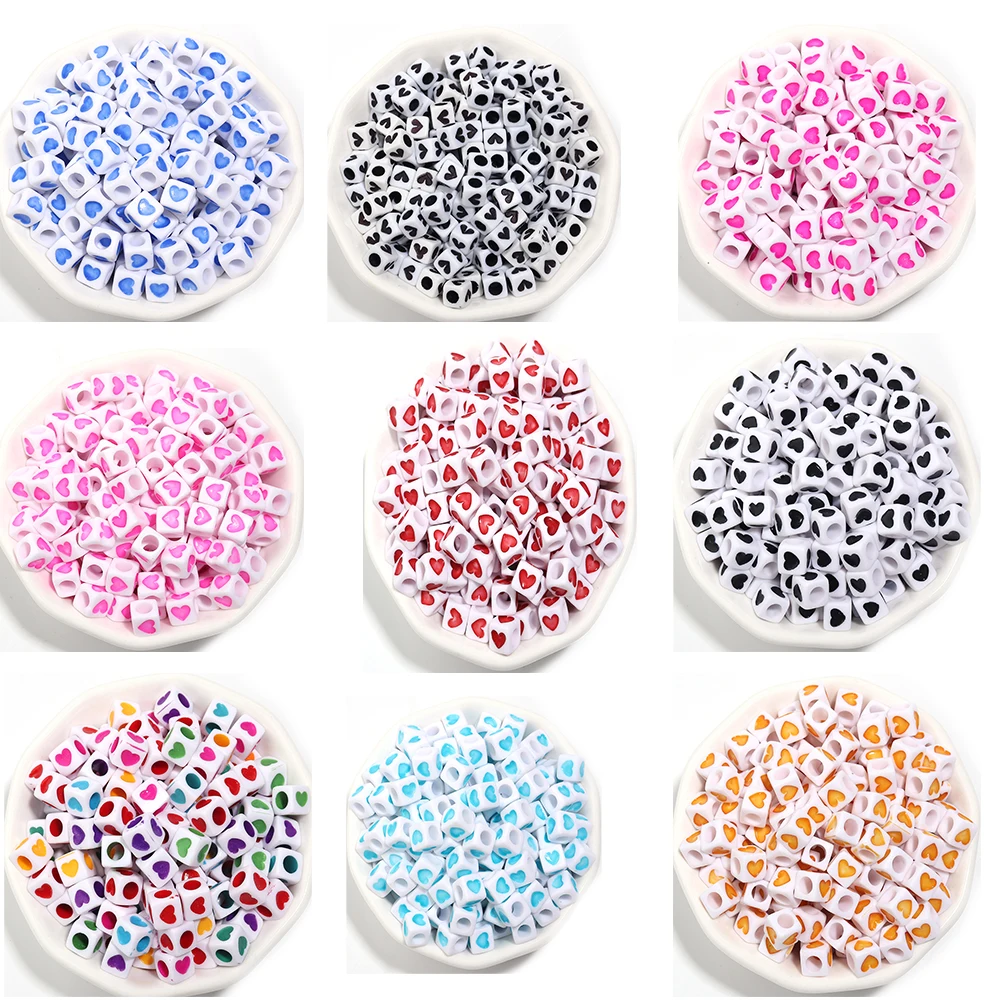100pcs 6/6.7mm Acrylic Spacer Beads Square Shape Heart Bead For Jewelry Making Handmade DIY Charms Bracelet Necklace Accessories