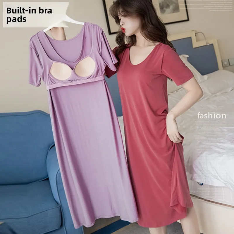 Women's Summer Sleepwear Long Over-Knee Thin Modal Simulation Home Clothes Outdoor Wearable with Integrated Chest Pad