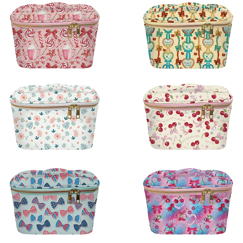 

Customize 30 pieces of nylon waterproof bowknot hand-held cosmetic case, fresh and cute cherry style cosmetic bag, toiletry bag,