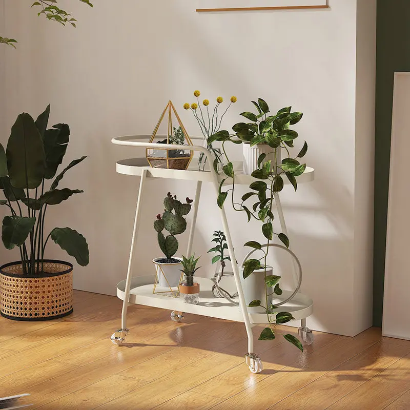 Cream Style Plant Stand, 2-Tier Rolling Flower Shelf for Balcony, Mobile Iron Planter Rack for Indoor Garden & Living Room