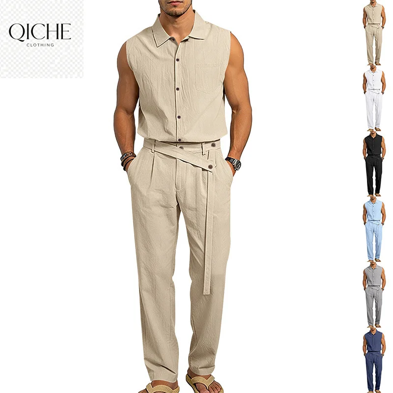 QICHE Men Linen 2 Piece Outfit Sleeveless Shirt Long Pants Breathable Casual Summer Set