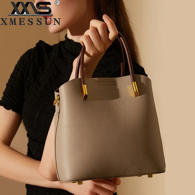 Women New Genuine Leather Bucket Bag,2026 Fashion Design Shoulder Crossbody Bags Female Trendy Shopping Commuter Tote Handbag