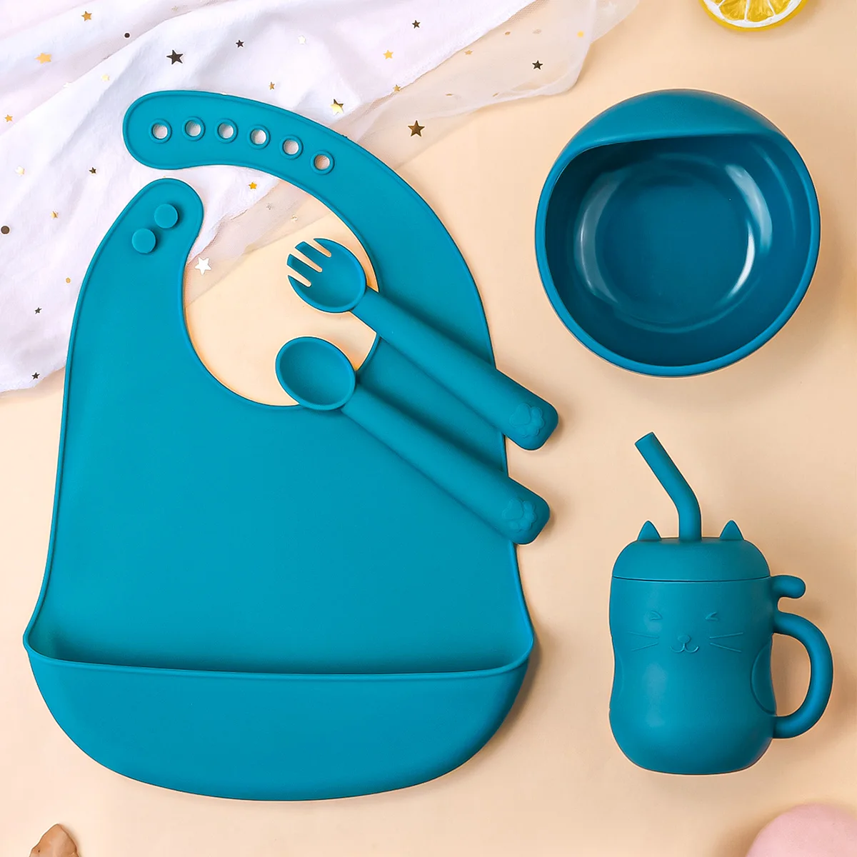 

TYRY.HU 5PCS Baby Feeding Set Silicone Bowl Dishes Plate Waterproof Bib Suction Utensils Sippy Cup BPA Free Toddler Tableware