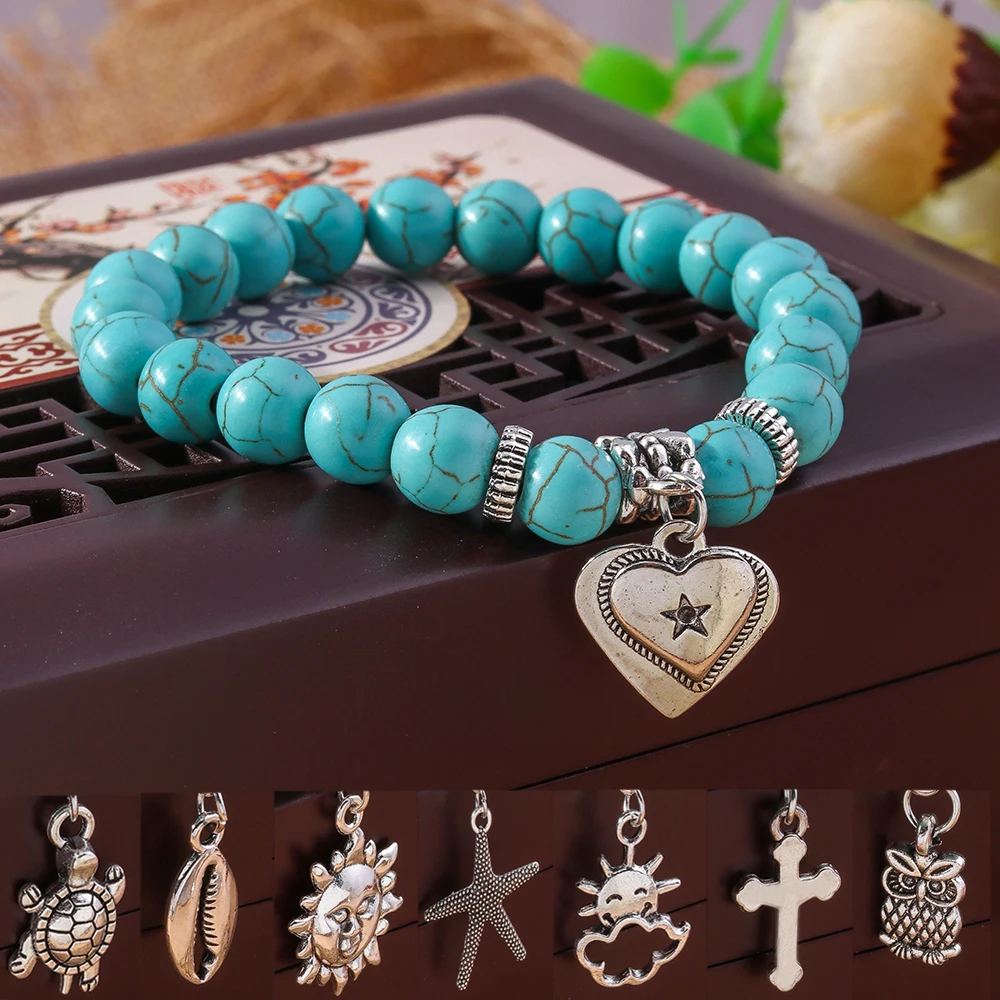 Aihua Bohemia Turquoise Stone Bracelet Tibet Silver Color Conch Turtle Sun Cross Bracelet for Women Bangles