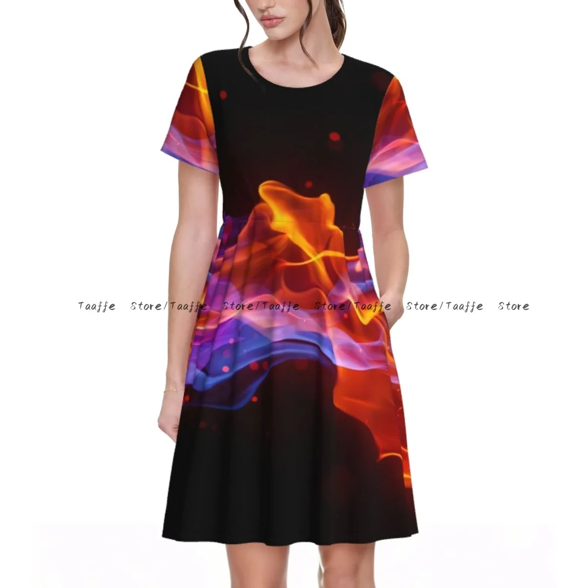 

Summer Women Dress Blue And Red Fire Print Casual Beach Holiday Short Sleeve Round Collar Woman Midi Dress