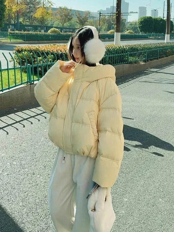 

Желтая утепленная зимняя куртка с капюшоном для женщин, на молнии, в корейском стиле, повседневное хлопковое пальто, теплое и модное