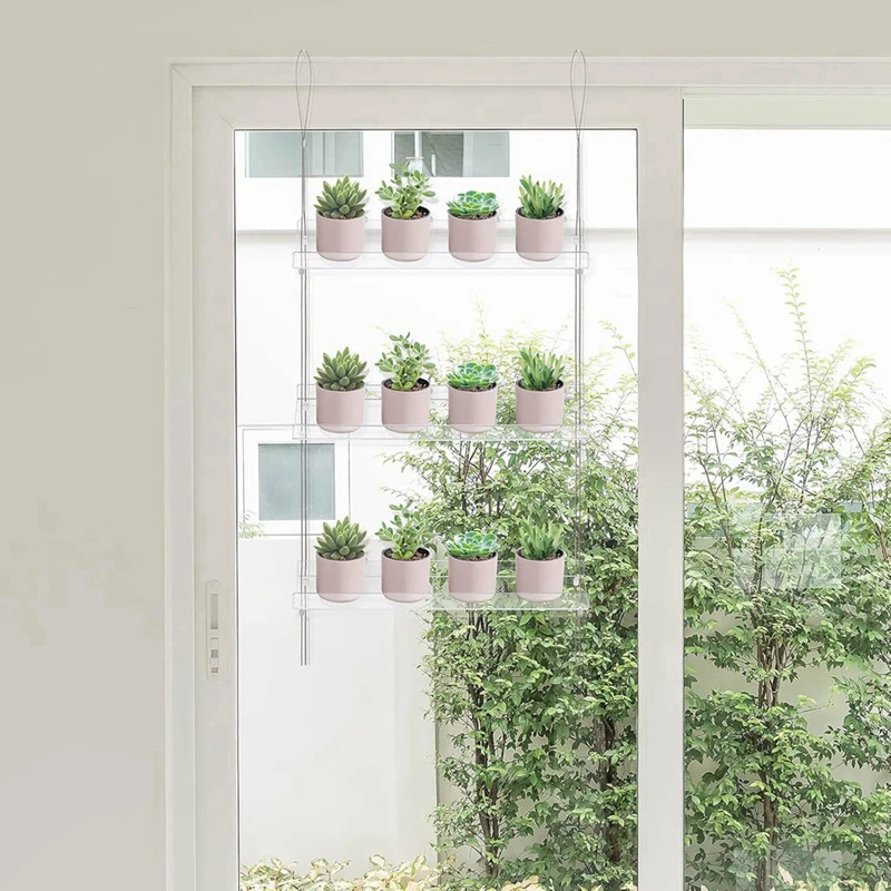 Estantes para plantas de ventana de IALJ-3-Tier de 16 pulgadas, estante flotante colgante ajustable acrílico, extensor de alféizar de ventana para plantas de interior