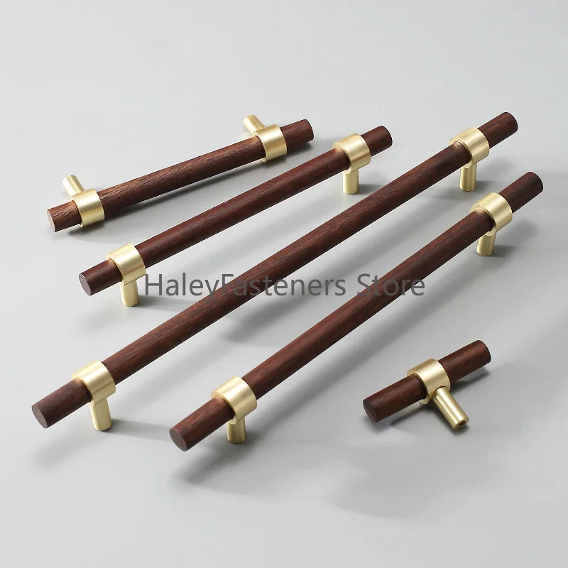 Combinant of Brass and Walnut Wood Furniture Handles Wooden Dresser Knobs Kitchen Cupboard Pull Handles for Cabinets and Drawers