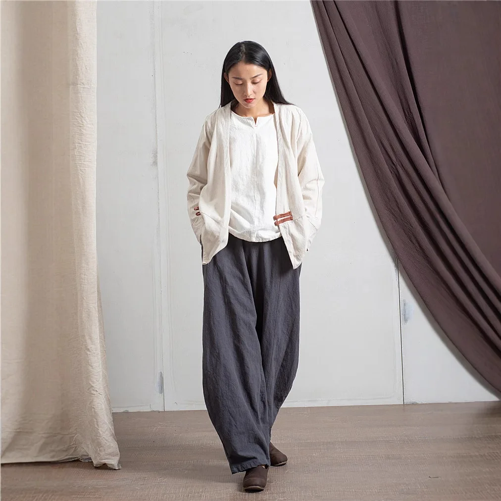 UMI MAO Cotton And Linen Pant Women's Sand Washed Linen Front Panel Loose Trousers Comfortable Pants Femme