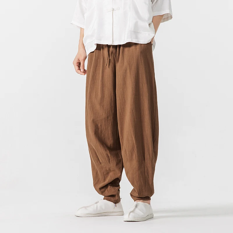 

Мужские свободные брюки-шаровары в стиле ретро, хлопок и лён, повседневные, дышащие, с эластичным поясом, длинные, в стиле Харадзюку