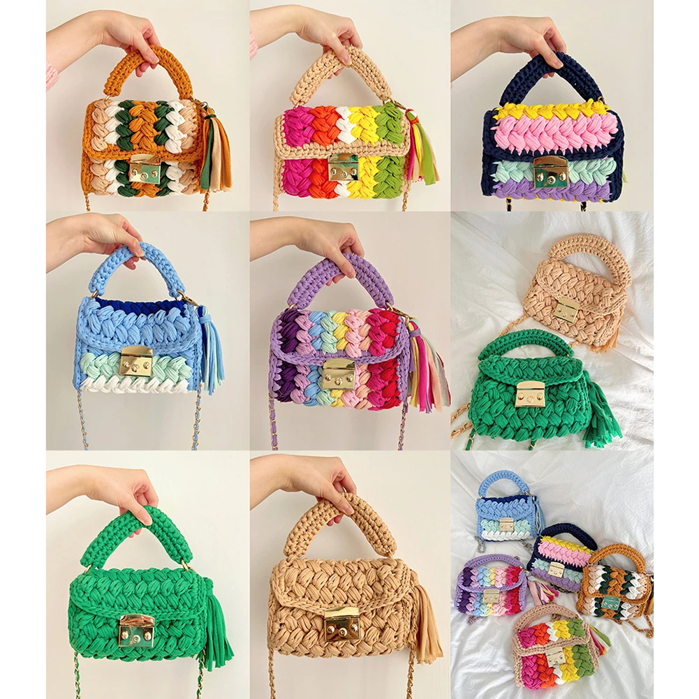 Fashion Colorful Crochet Crossbody Bag Women Hobo Bag Knitted Tote Bag Thick Rope Woven Shoulder Bag Small Flap Female Purses