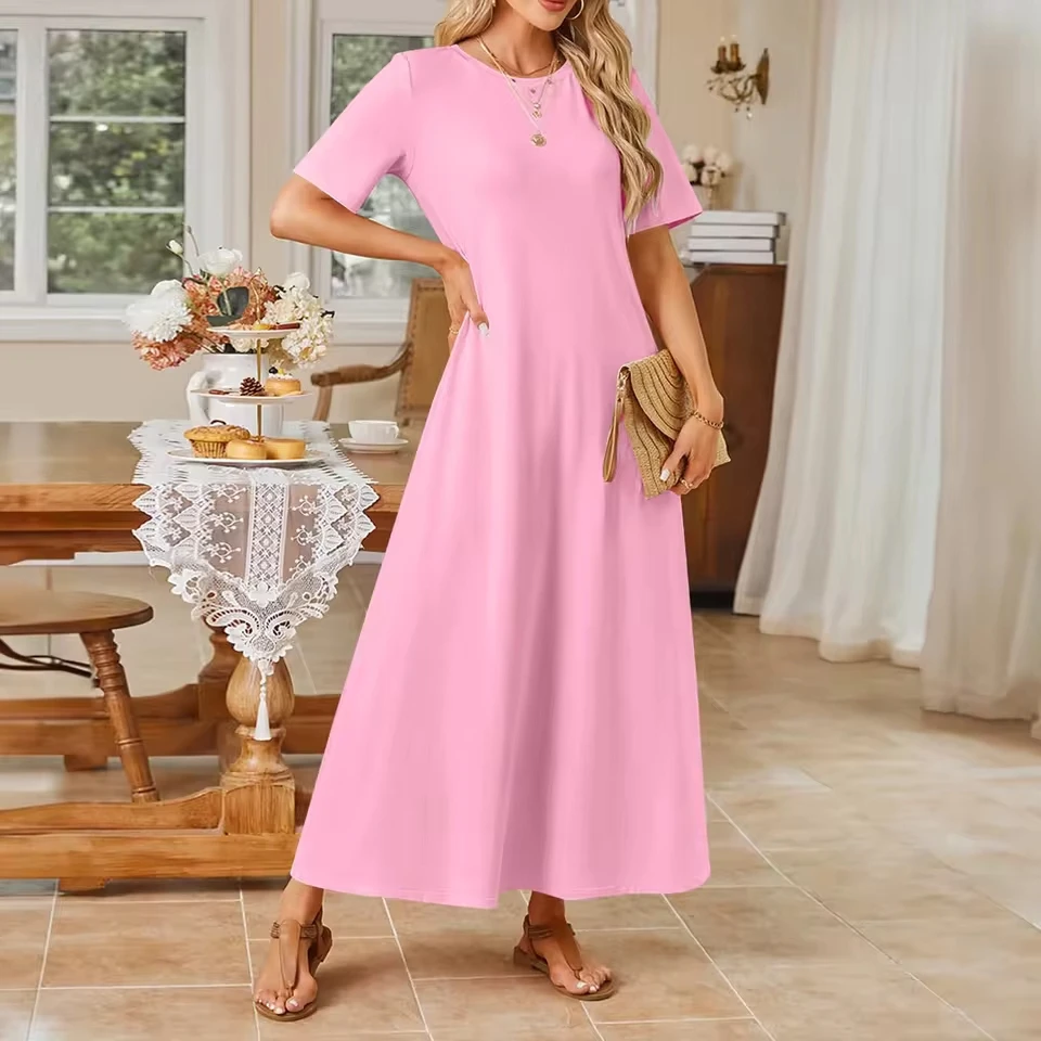 

Summer Elegant Dresses For Women Women'S 2024 Summer Short Sleeve Maxi Dress Casual Crewneck Swing A Vestidos Elegantes Feminino