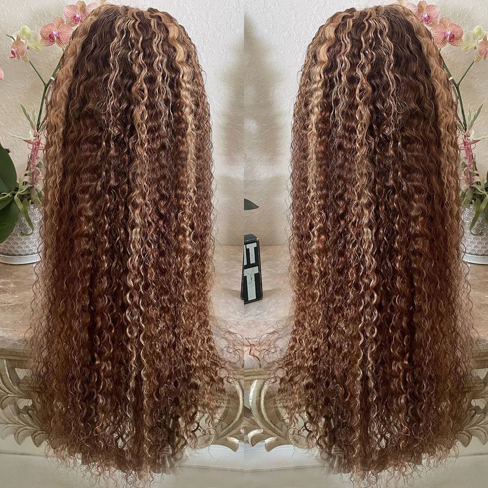 Pelucas de cabello humano rizado con encaje Frontal HD, 30 pulgadas de densidad, resaltado, Marrón miel, 13x4, 13x6, Color degradado, Onda de agua profunda