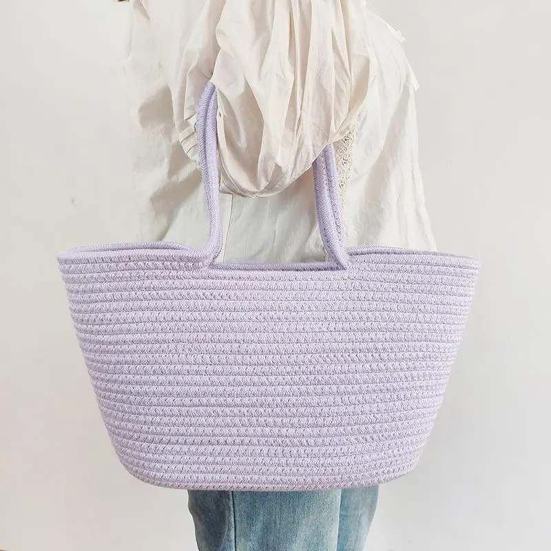 New Summer Fashion One-shoulder Cotton Rope Braided Female Bag Straw Braided Bag Seaside Holiday Beach Handbag Wholesale