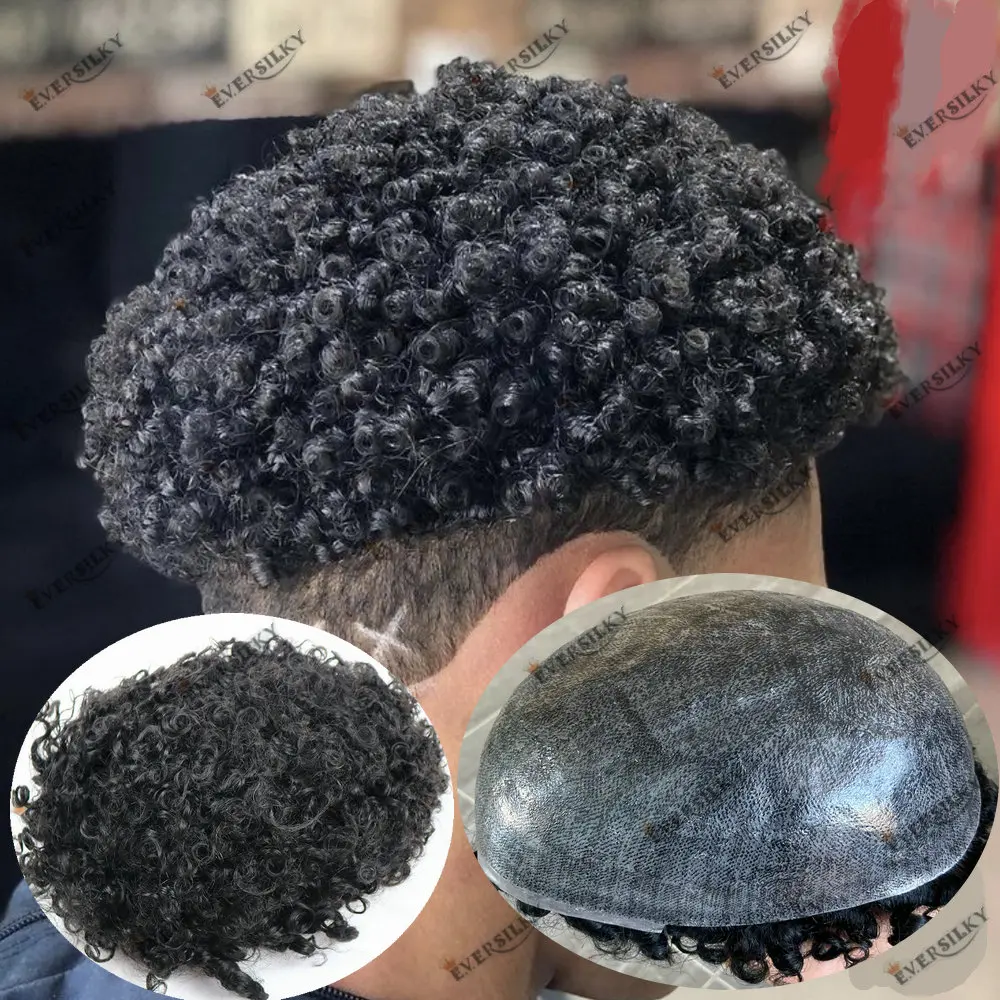 12mm Afro Curly Black Mens Wigs Human Hair Durable Full Skin Toupee Men Capillary Prosthesis Unit Replacement System For Male