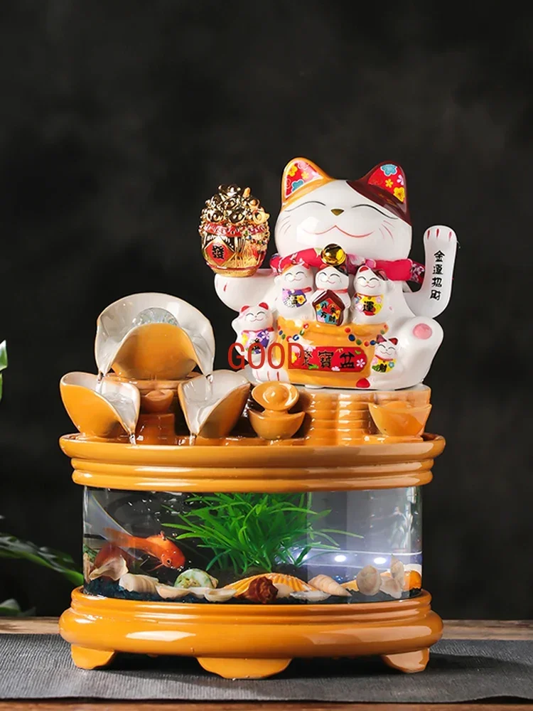 Flowing Water Glass Fish Tank Living Room Landscape Fountain Feng Shui Waving Cat Ceramic 1