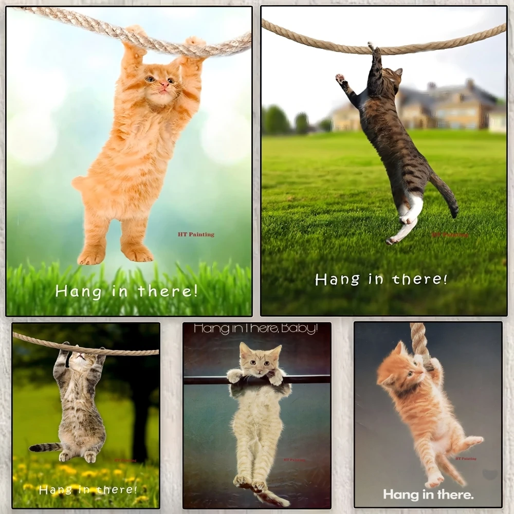 Hang In There Baby Cat Yoga Painting Calligraphy Canvas Poster Room Home Wall Decoration Painting Art  Spaces Anti-wrinkle