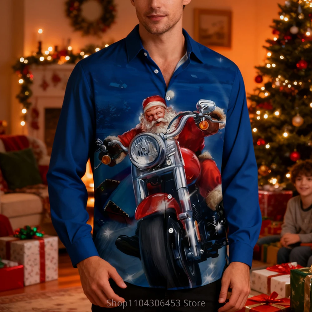 Men's Christmas New Year Cartoon Funny Santa Claus Red 3D Print Lined Holiday Party Shirt Men's Autumn and Winter New Casual Top