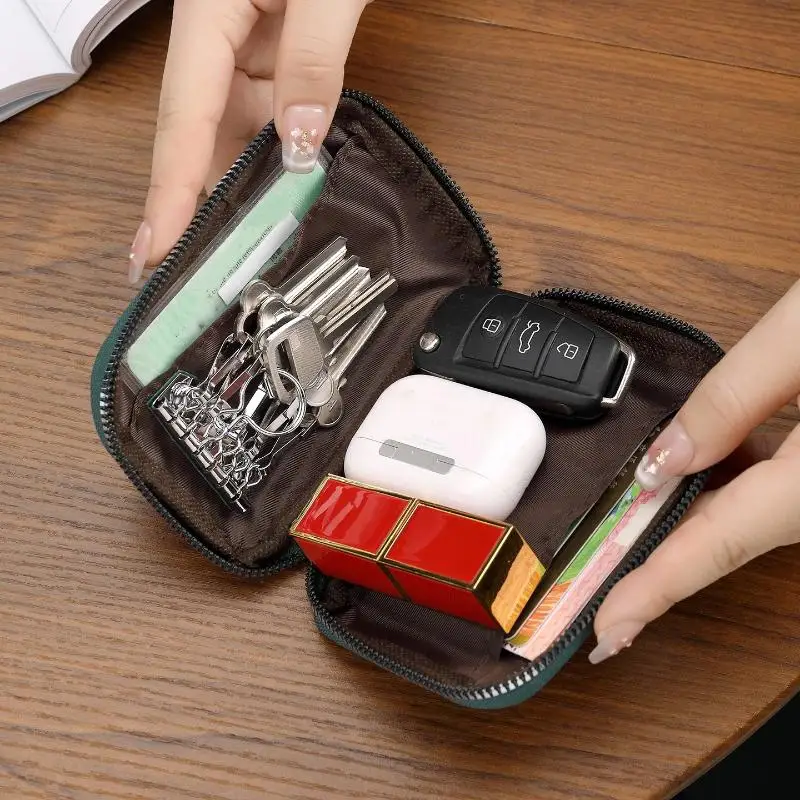 1Pcs Leather Key Organizer Pouch With Multiple Compartments And Durable Zipper For Daily Commute Travel Work Business Trips
