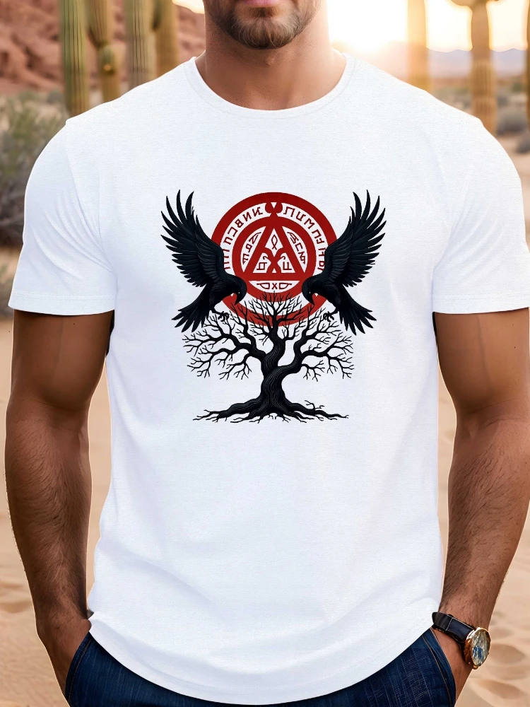

Nordic warriors Rune-Triquetra Raven&Yggdrasil Tree of Life Design-100% cotton O-neck short-sleeved men's printed T-shirt.