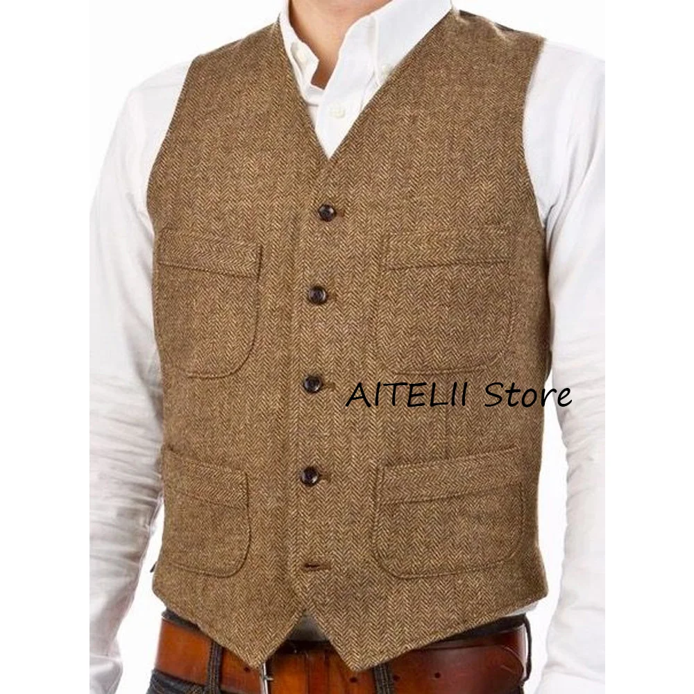 

Мужской жилет из ткани «елочка» с четырьмя карманами и v-образным вырезом, повседневный модный костюм, рабочие винтажные классические костюмы, блейзер, одежда