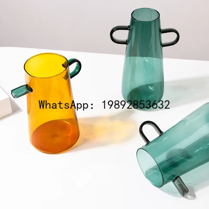 a17Glass Flower Vase Handle Pitcher Colored Transparent Flower Pot Flower Arrangement Hydroponics Terrarium Vases Pots Flowerpot