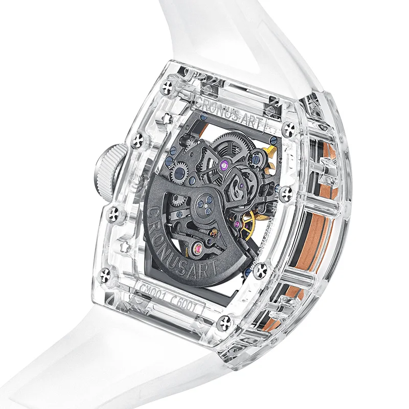 CRONUSART-Reloj de pulsera automático para hombre, cronógrafo mecánico Tonneau de lujo, caja acrílica, correa de Fluororubber luminosa, esfera de esqueleto de tigre