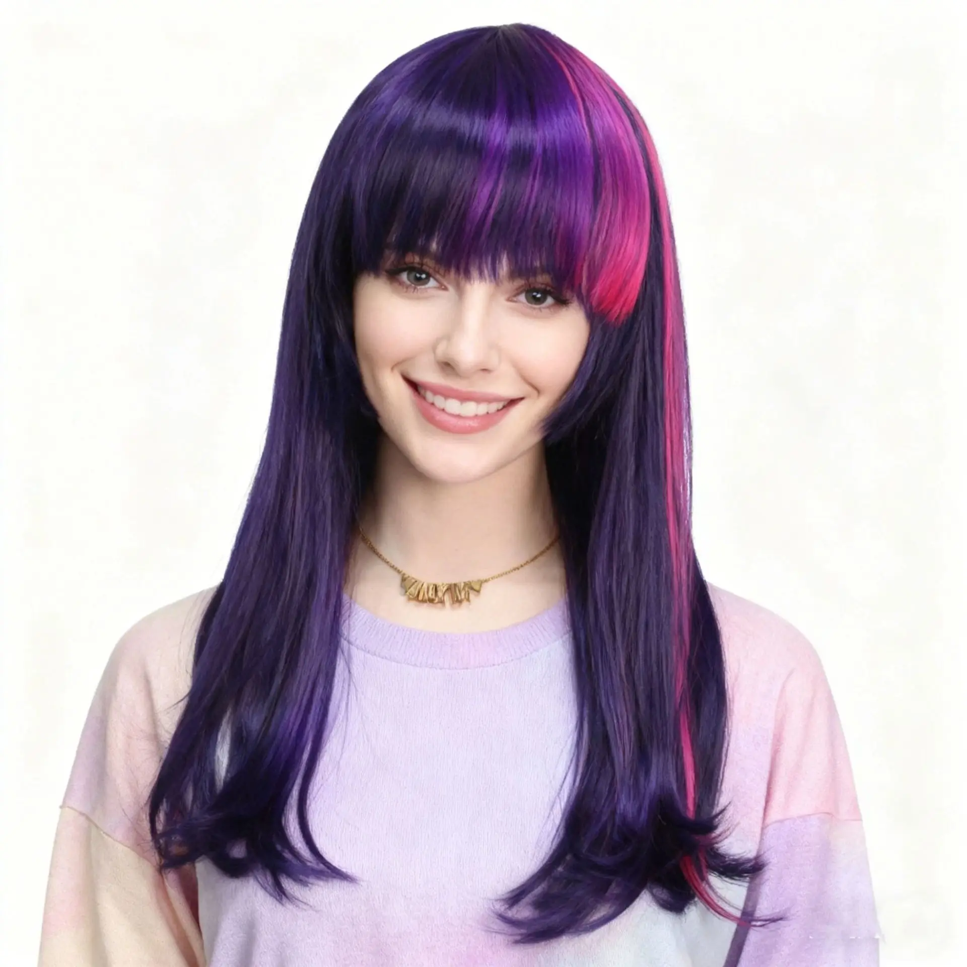 

Synthetic Long Straight Cosplay Wig Zoe-Inspired Purple Highlighted Full Head Wig with Bangs for Costume Party Dress Up