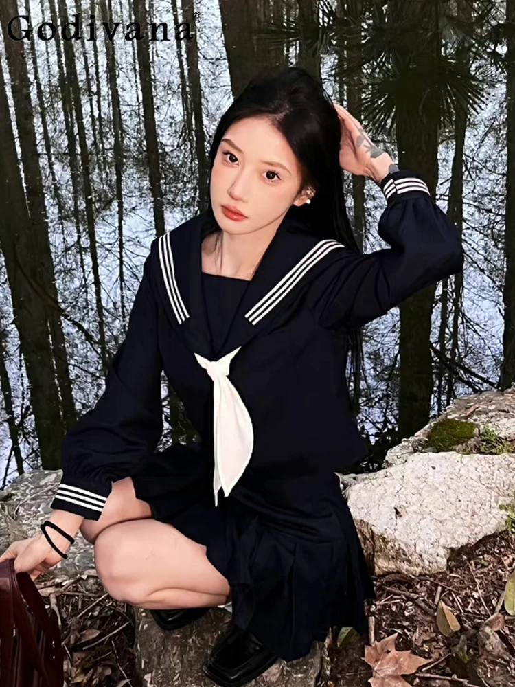 

Japanese JK Navy Collar College Long Sleeve Loose Shirt Spring Autumn Sweet Girl High Waist A-line Age-reducing Pleated Skirt