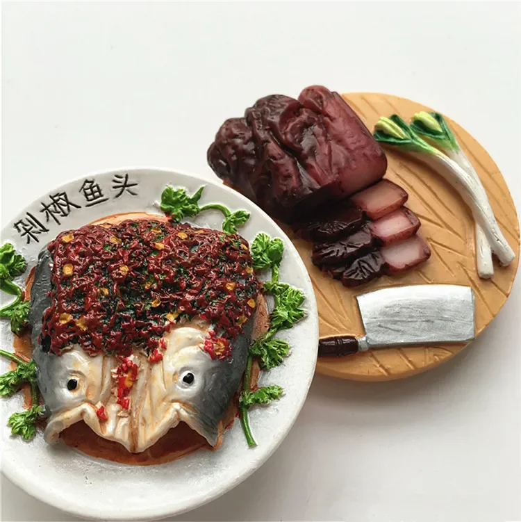 Chinese Cuisine Gourmet Bacon Fish Head 3D Resin Fridge Magnets Travel Souvenirs Refrigerator Magnetic Stickers Home Decor