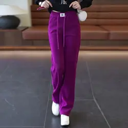 Women's Spring Autumn New Fashion Solid Pocket Drawstring Elastic Strap Casual High Waist Plush Thickened Straight Leg Pants