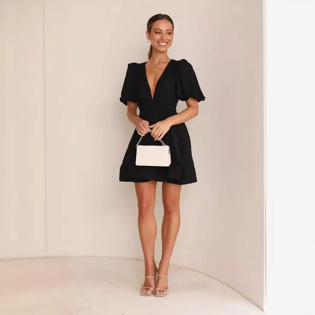 

25 Year Summer New Sweet Deep V Waist Slimming Pleated Bubble Sleeve Dress 23034