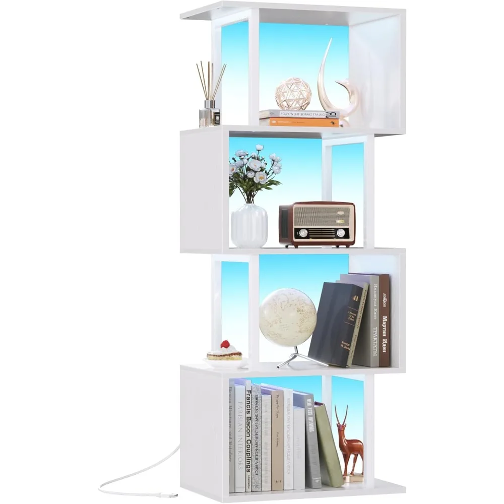 

White Geometric Bookshelf with LED Light, 5 Layer S Shape Small Bookcase, Modern Display Vertical Bookshelf