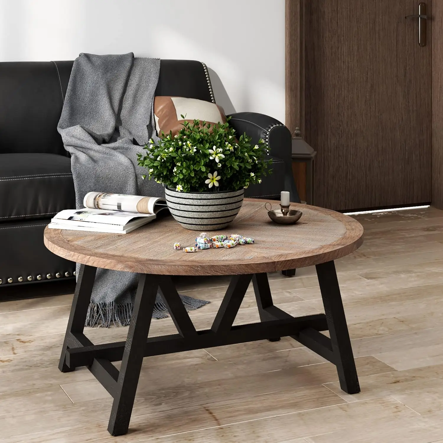 Table basse de ferme rustique avec base géométrique, table de campagne française moderne et ronde pour la famille, salle à manger ou salon, nouveau