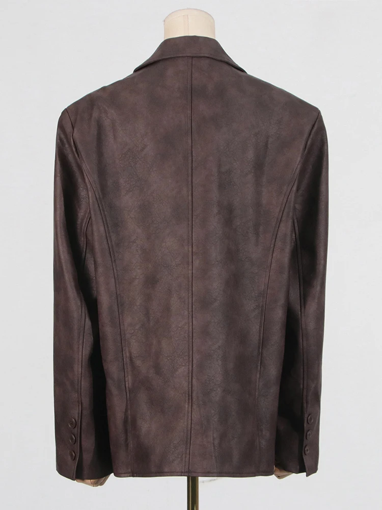 YERMORA Coffee PU Leather Irregular Bandage Blazer For Women Lapel Long Sleeve Loose New Jacket Fashion Tide Sring Autumn 2025