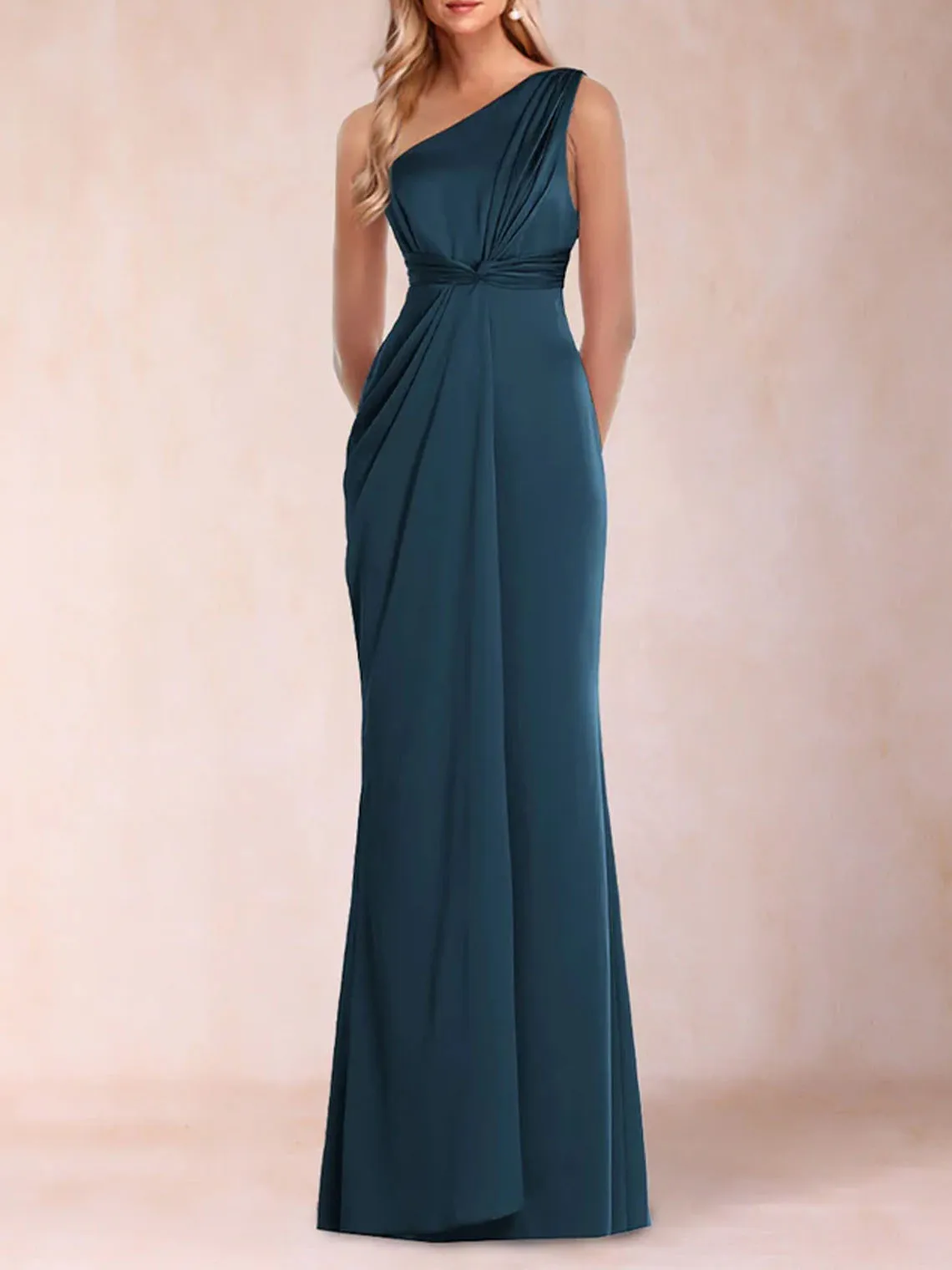 

Elegant Teal Sheath Evening Dress Floor-Length One-Shoulder Sleeveless Ruffles Dense Satin Formal Dress 2025 Free Customized