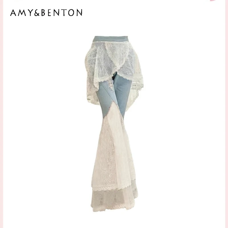 

Original Design Lace Hollow Out Splicing Women's Bell-bottoms Spring Autumn Elegant Slimming High-End Versatile Jeans Ladies