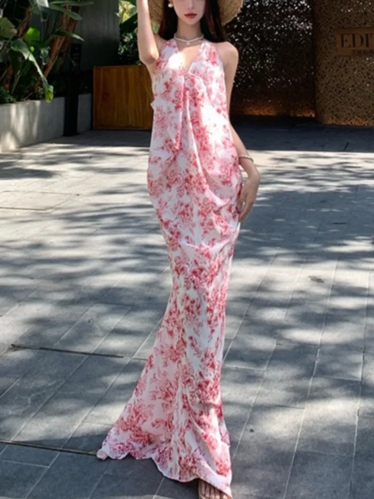 

Elegant Vintage Floral Neck-mounted Dress Women Korean Sexy Backless Beach Dress Female 2025 Summer Casual Party Fairy Dress Y2K