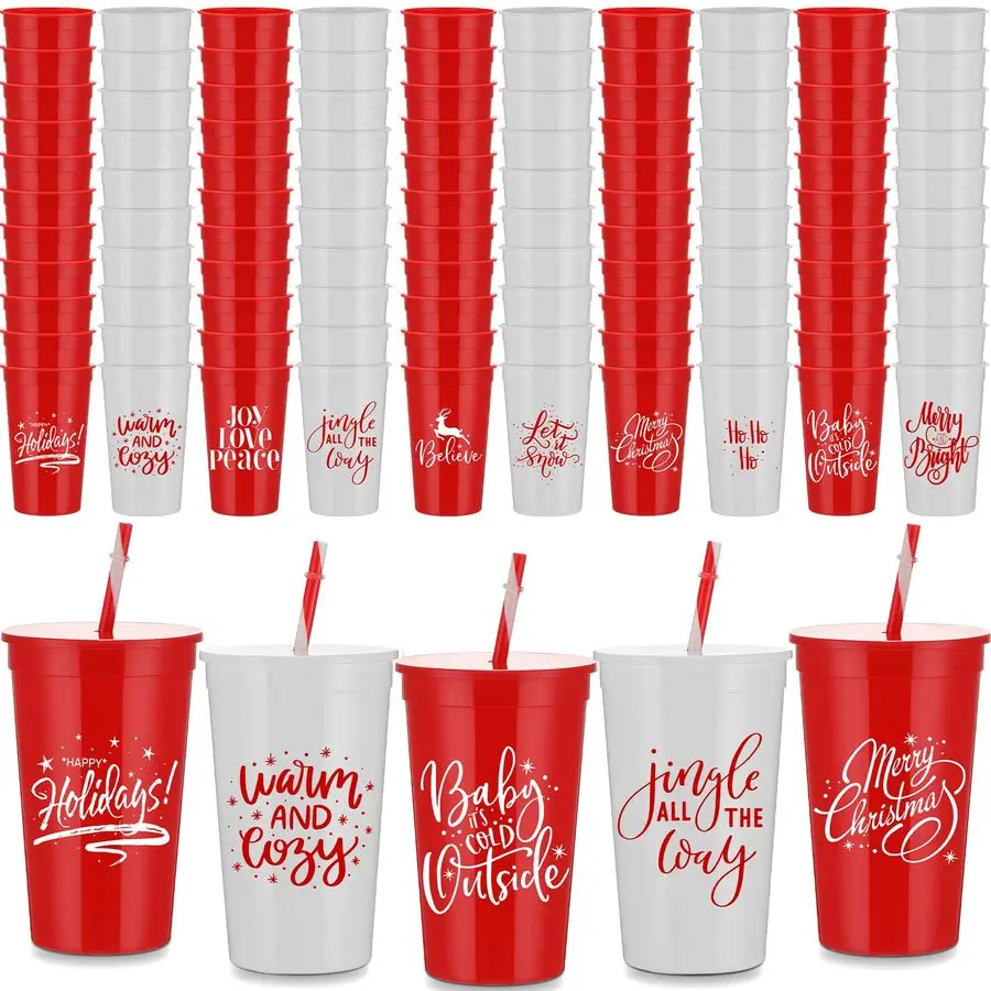 

50 Pcs 34 oz Christmas Tumbler with Straw Lid Winter Holiday Coffee Mug Cup Reusable Plastic Cup Xmas Joy Love Peace Believe Sch