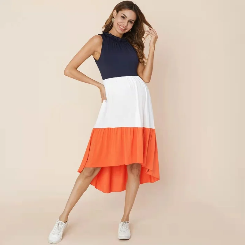 

New Casual Maternity Dress Sleeveless Stitching Sundress for Pregnant Women Round Neck A Line Dress Premama Clothes S-XL