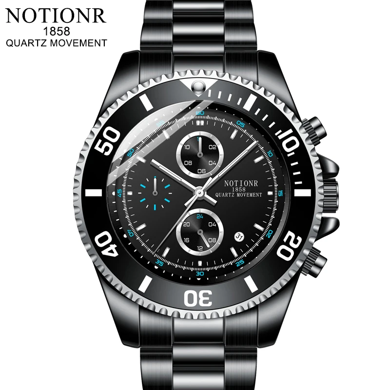 NOTIONR Fashion Black Watches Luxury Men Business Waterproof Stainless Steel Quartz Watch Man Casual Luminous Clock reloj hombre