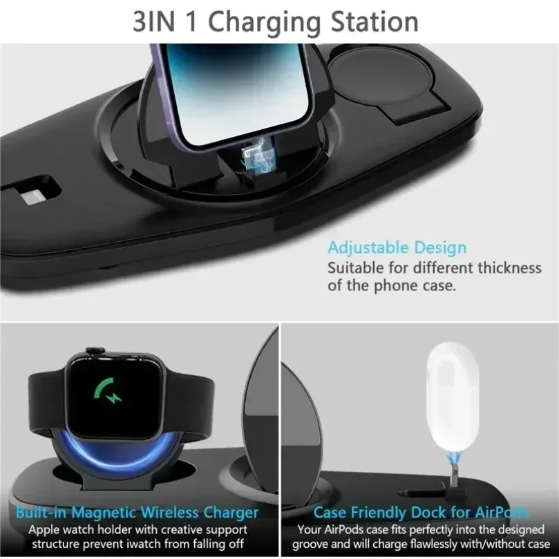 3-in-1 Schnell-Ladestation Faltbares Kabelloses Ladegerät Ständer Dock Handyhalter für iPhone 17-12 Apple Watch AirPods – Detail 23