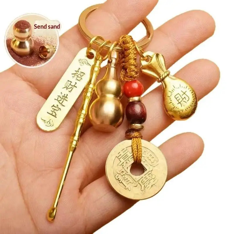 Chinesischer Stil Tierkreiszeichen Messing-Kürbis Fünf-Kaiser-Geld-Schlüsselanhänger Metall Fengshui Anhänger R-Tasche Schlüsselring Dekoration Geschenk Accessoire – Detail 5