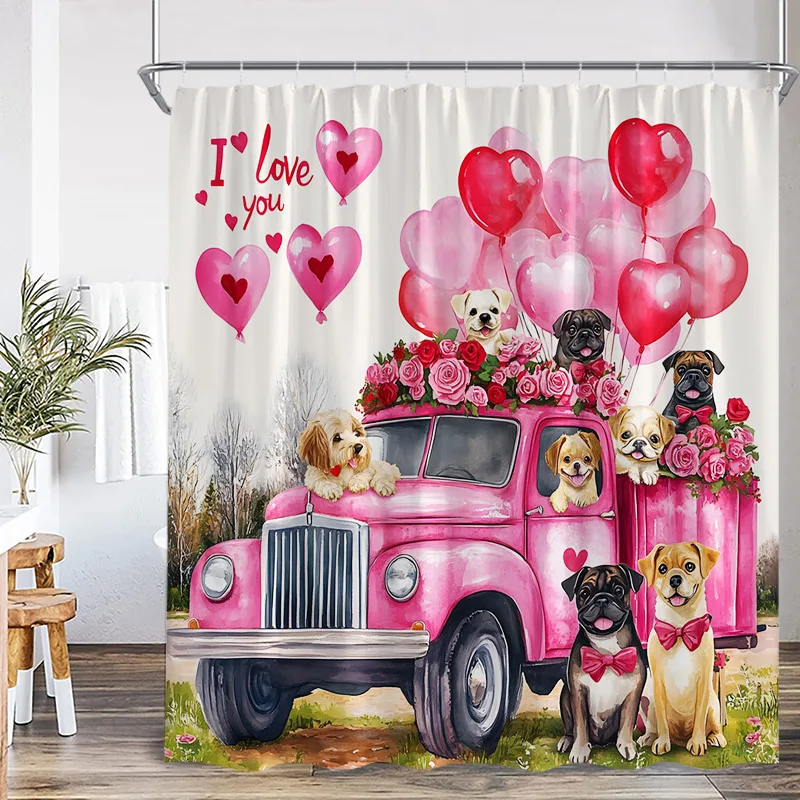 Valentine's Day Shower Curtains Funny Dogs Pink Truck Rose Floral Heart Balloon Lovers Gifts Bathroom Curtain Decor with Hooks