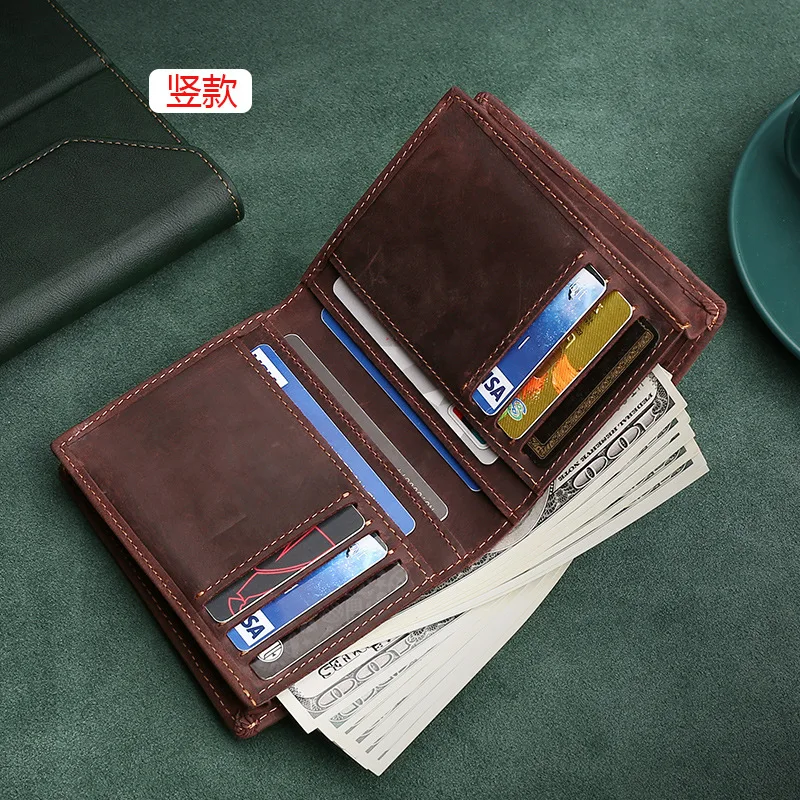 

Кожаный мужской кошелек Crazy Horse, короткий деловой кошелек большой емкости на молнии в стиле ретро, свободный деловой кошелек для хранения вещей